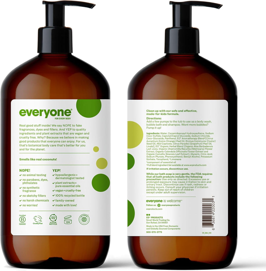 Everyone 3-in-1 Soap for Every Kid – Tropical Coconut Twist | Gentle, Natural Shampoo, Body Wash & Bubble Bath