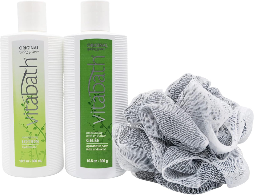 Vitabath Original Spring Green Everyday Skincare Set – Shower Gel, Lotion & Exfoliating Pouf