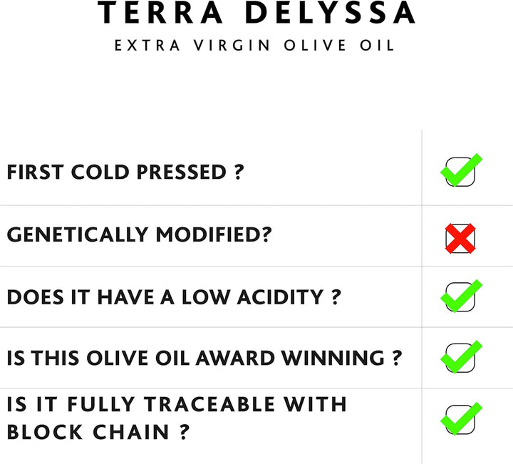 Terra Delyssa Organic Extra Virgin Olive Oil – First Cold Pressed (750ml, Dark Glass Bottle)