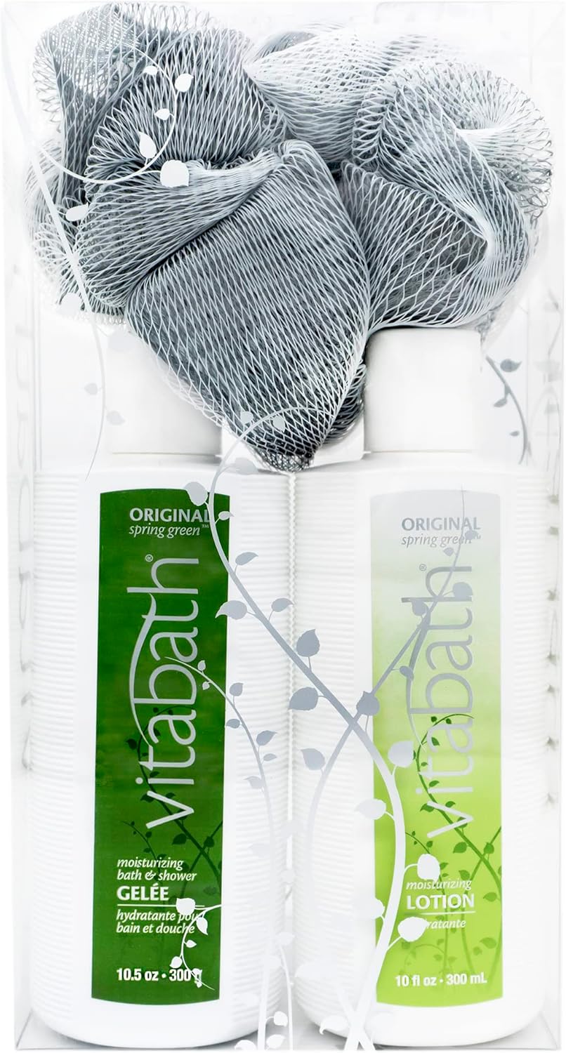 Vitabath Original Spring Green Everyday Skincare Set – Shower Gel, Lotion & Exfoliating Pouf